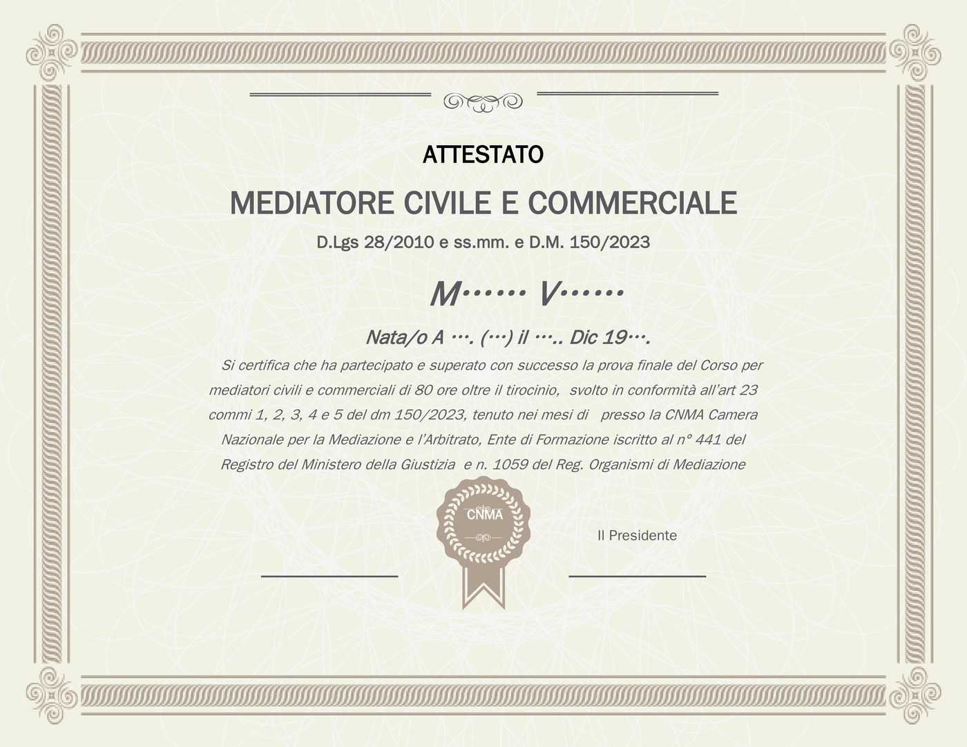 Modello attestato Mediatore Civile e Commerciale